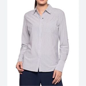 Coolibar Amara smart shirt women’s medium seersucker blue white stripe